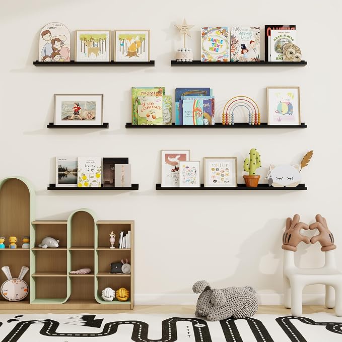 Fun Memories Picture Ledge Shelf, Solid Pine Wood Floating Shelves Set of 4, 16 Inches Nursery Book Shelves for Toys Storage, Kids Bookshelf Wall Mounted for Living Room Decor Photo Frames, Black