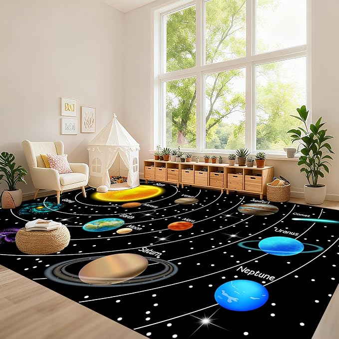 Space Rug for Boys Room - 9x12 Feet Space Rug Solar System Planet Theme Carpet Decor for Playroom Educational Learning for Classroom Deco