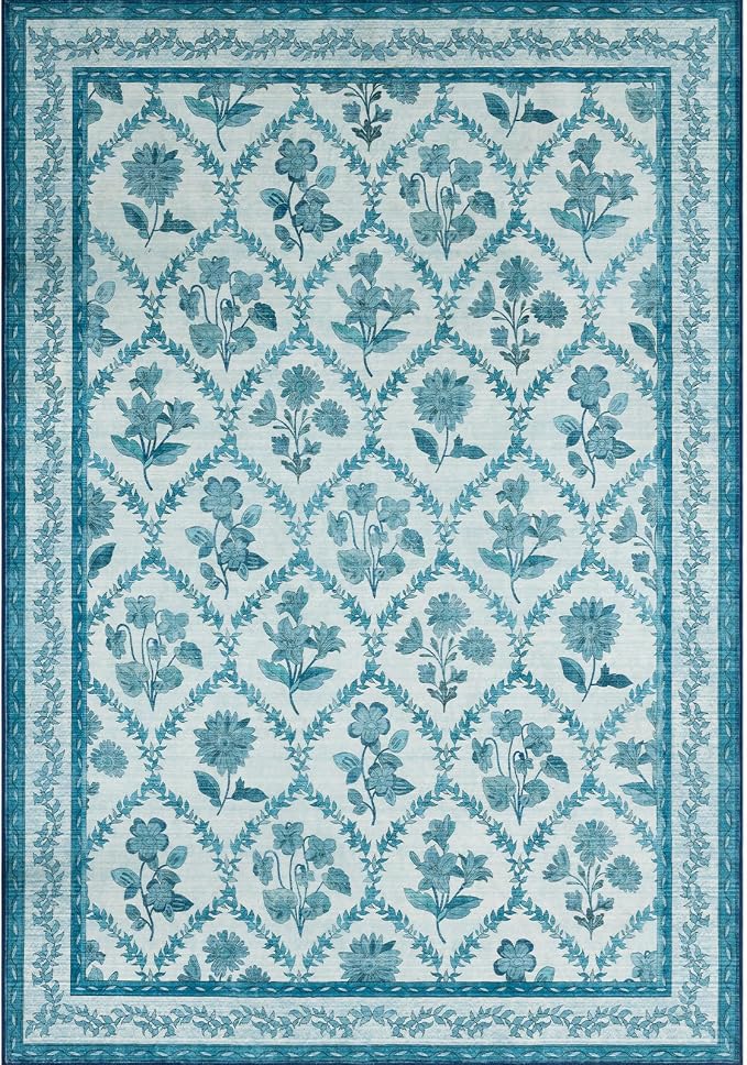 LIANLAM Checkered Rug 9x12 Area Rugs for Living Room - Stain Resistant & Non-Slip Backing Vintage Boho Floral Design Rug for Bedroom,Durable & Ultra-Thin Large Washable Area Rug(9x12,Blue)