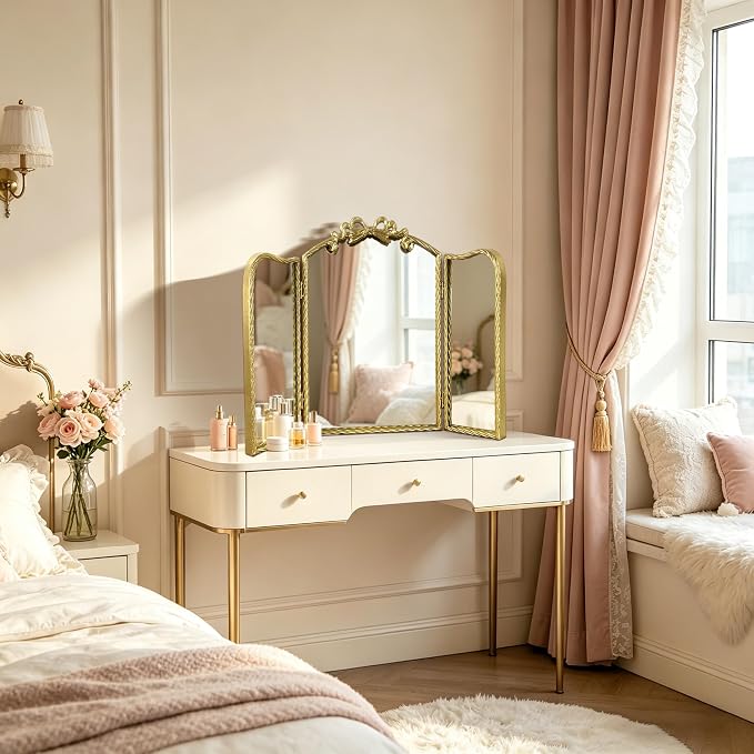Gold Trifold Vanity Mirror Bow Top, 3-Way Makeup Mirror, Wall Mirrors for Entryway, Dresser Mirror for Bedroom, Wall Mirrors over Bathroom Sink, Decorative Mirror for Mantle, Wall-Mount Tabletop