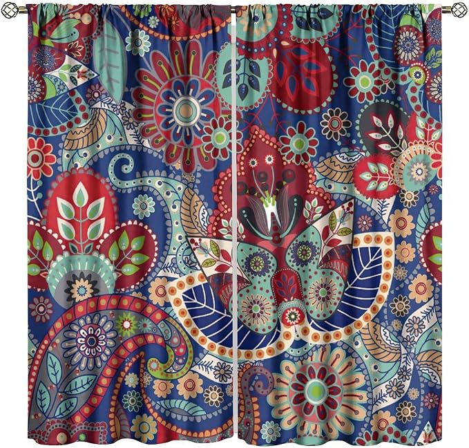 Boho Style Curtains, Ethnic Style Tribal Peris Print Window Treatments, Bedroom Living Room Blackout Rod Pocket Curtains63X72 Inch