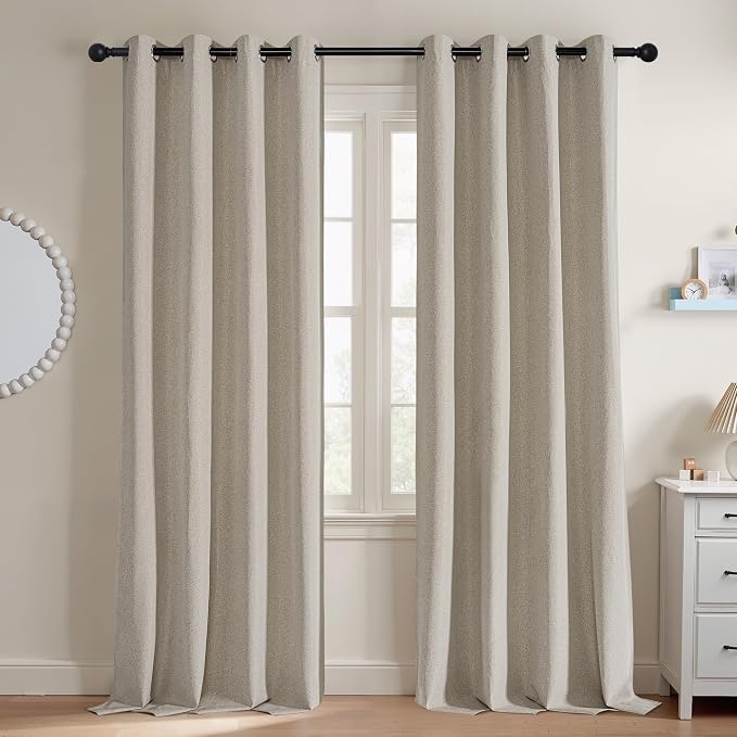 NICETOWN 100% Blackout Linen Curtains 96 inches Long, Crisp Faux Linen Curtains for Living Room, Bedroom, 2 Panels, 52" Wide, Farmhouse Style Thermal Insulated & Privacy Protection Draperies, Natural
