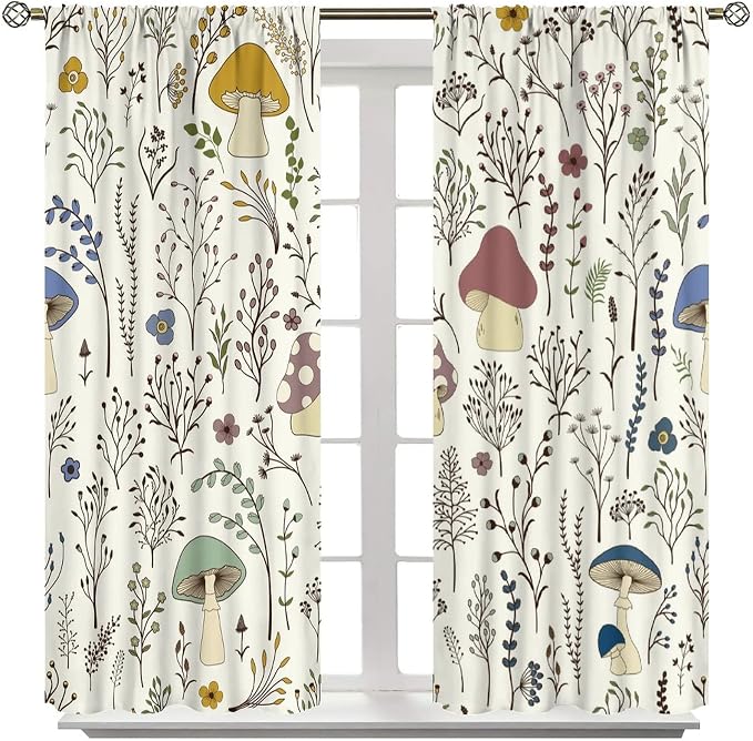 Mushroom Curtains,Colorful Plant Forest Botanical Print Window Treatments for Bedroom Living Room Kitchen Cartoon Herbs Floral Window Drapes 2 Panels Set,Total Size 72 x 63 Inch