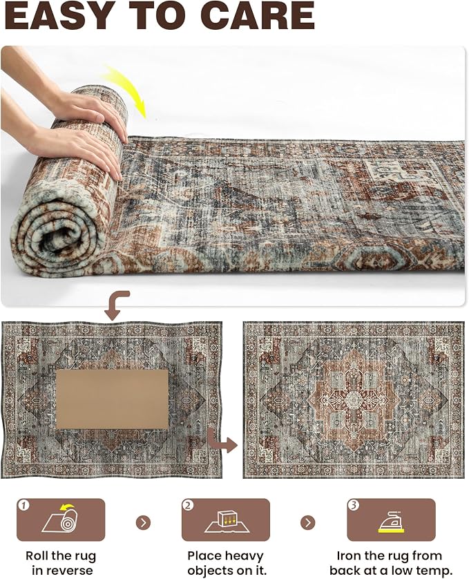 Roxstand 5x7 Area Rugs, Stain Resistant Machine Washable Area Rugs with Non-Slip Backing, Vintage Rugs for Bedroom, Living Room, Large Soft Low Pile Area Rug (Grey/Brown/Tan, 5'x7')