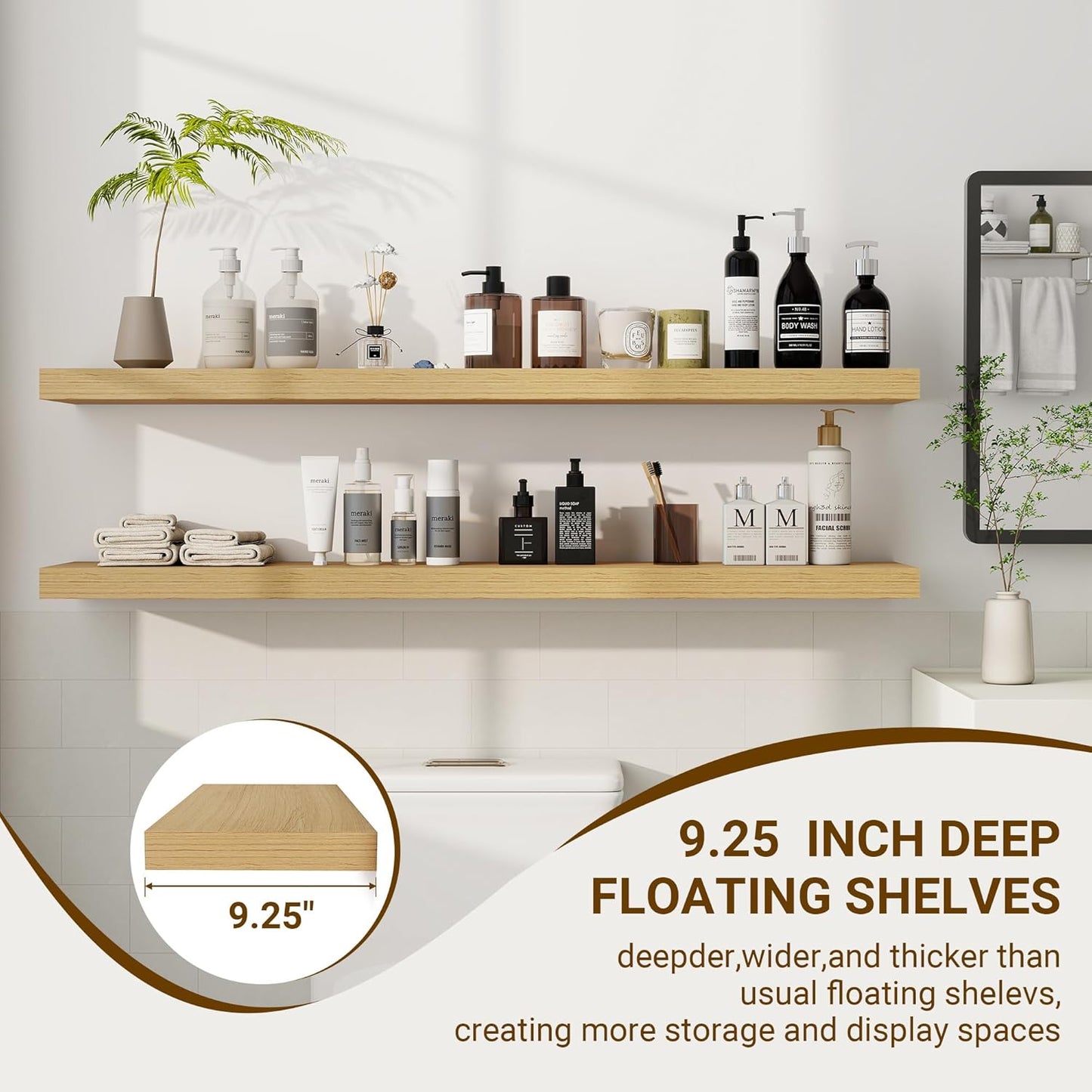 48 Inch Floating Shelves, 3D Textured Wood Grain, 48"x9.25"x1.5" Inch Deep Floating Shelves for Wall, Wooden Shelves for Bathroom, Bedroom, Living Room, Natural