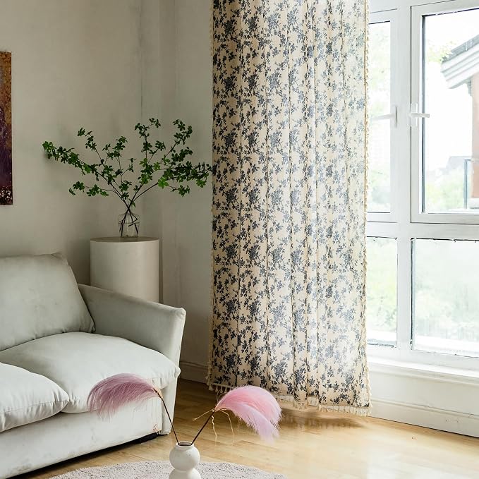 OYX Boho Blue Floral Curtains 96 Inch, Linen Farmhouse Toile Rose Drapes with Tassels, Light Filtering Semi Sheer Curtains for Living Room Bedroom, 2 Panels, Rod Pocket, 52Wx96L