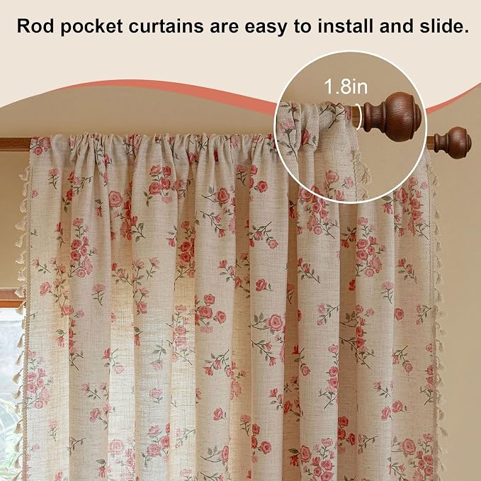 OYX Pink Boho Floral Curtains 63 Inch Long 2 panels, French Vintage Farmhouse Patterned Decor Window Drapes With Tassels, Girls Semi-Sheer Light Filtering For Bedroom Living Room (Rod Pocket, 52Wx63L)
