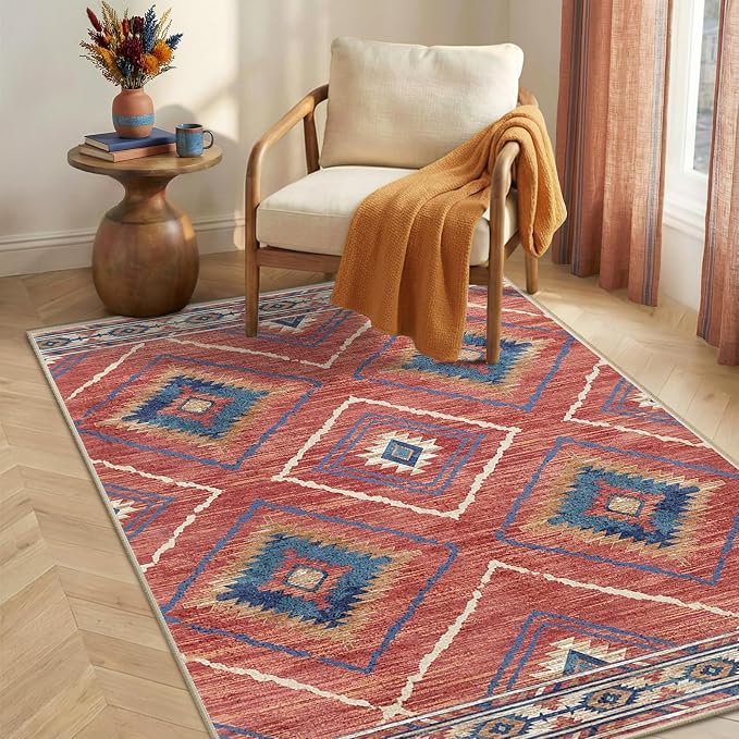 BESTSWEETIE Area Rug 4x4 Rug Machine Washable Non-Slip Low Pile Print Pattern Western Rug for Living Room Bedroom Entryway Tribal Series -Red/Orange