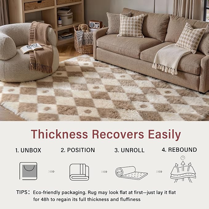 PureCozy Brown 5x8 Area Rug for Living Room Washable Non Slip Neutral Soft Bedroom Checkered Carpet Colorful Fluffy Modern Shag Fuzzy Indoor Large Aesthetic Bedroom Home Office Playroom Nursery