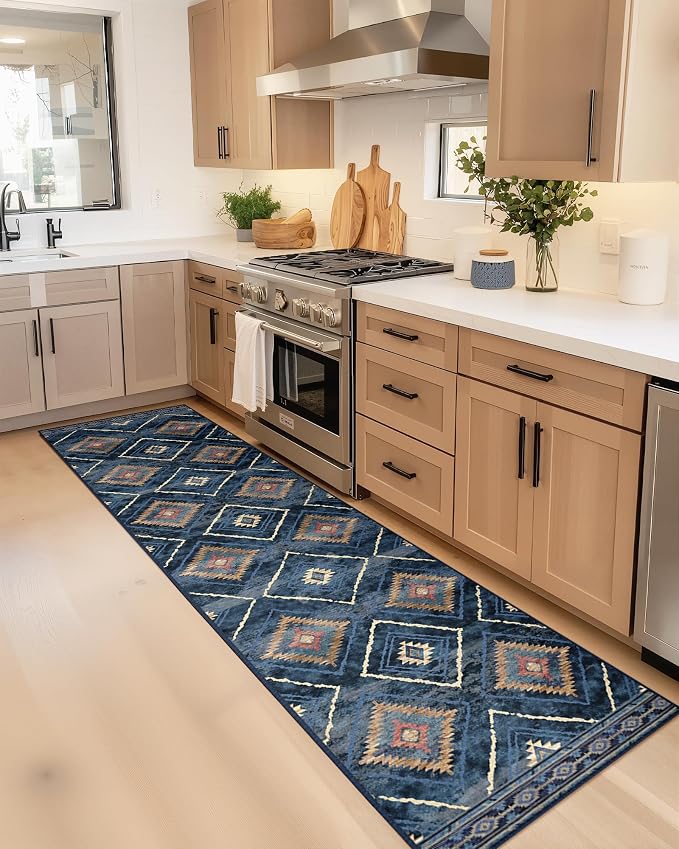 BESTSWEETIE Area Rug 2x8 Rug Machine Washable Non-Slip Low Pile Print Pattern Western Rug for Living Room Bedroom Entryway Tribal Series -Darkblue