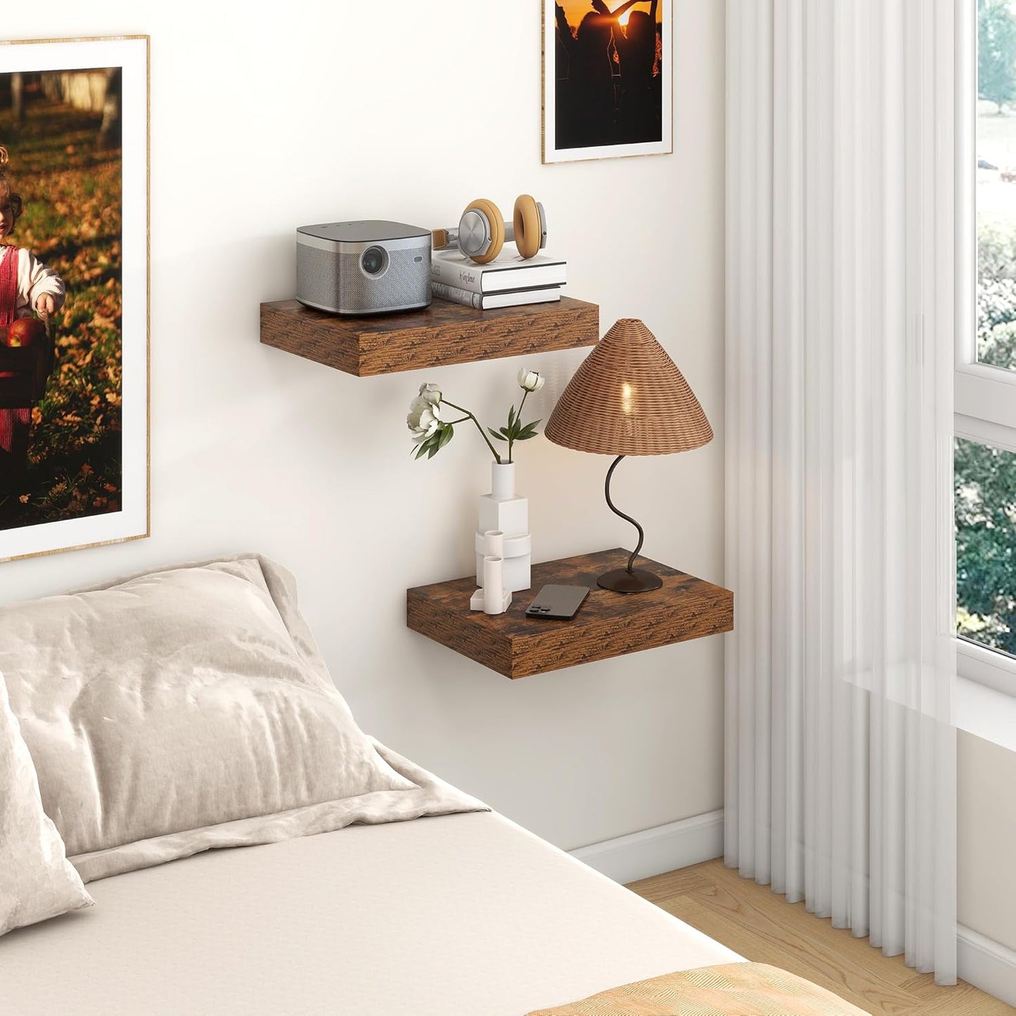 Deep Floating Shelves for Wall | 16 Inch Wide x 12 Inch Deep Floating Shelves Set of 2 | Rustic Wood Wide Wall Shelves | Bookshelf Laundry Shelf TV Shelf