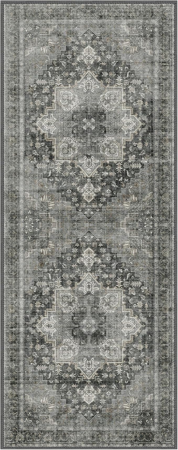 GENIMO 2x6 Runner Rugs for Hallway, Machine Washable Non Slip Vintage Rugs, Low Pile Lightweight Soft Print Rug for enrtyway, Corridor, Home Office, Kitchen, Charcoal Gray