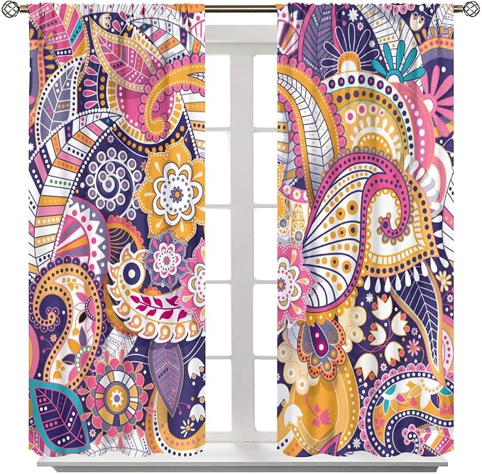 Boho Curtains, Abstract Pelis Boho Brown Vintage Floral Ethnic Tribal Blossom Print, Blackout Curtains for Bedroom Living Room55X63 Inch