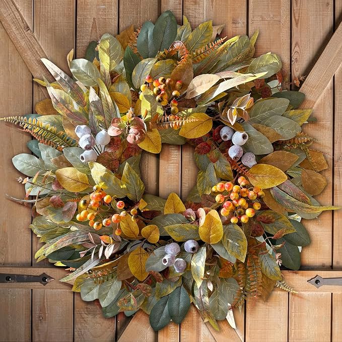 WANNA-CUL 22 Inch Eucalyptus Fall Front Door Wreath Harvest Farmhouse Decor | Year Round Vintage Artificial Greenery Autumn Wreath with Mixed Berries Indoor Outdoor Table Centerpiece Thanksgiving Decor