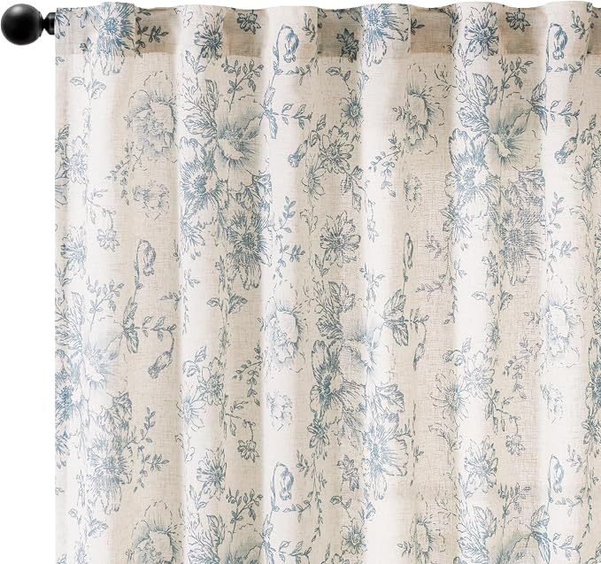 jinchan Linen Blend Curtain Floral Curtains for Living Room 45 Inch Length Blue Printed Curtain Rod Pocket Back Tab Farmhouse Peony Flower Patterned Drapes Bedroom Window Curtains Set 2 Panels