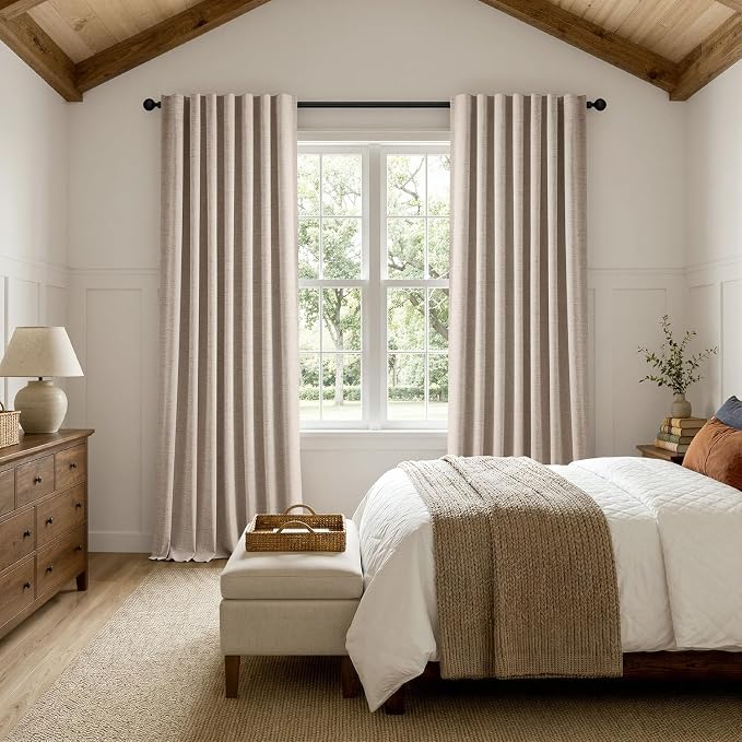 MIULEE 100% Blackout Linen Curtains for Bedroom, Beige Solid Luxury Decor Thermal Insulation Room Darkening Drapes for Living Room Back Tab Rod Pocket 42 x 108 Inches, 2 Panels