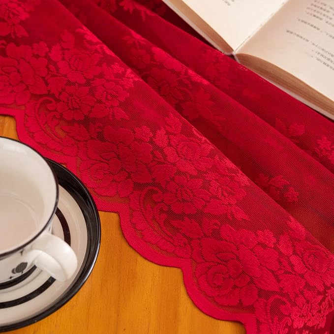 Kotile Red Sheer Curtains 63 Inch Length, W52 x L63 Inch, 2 Panels, Country Rustic Floral Vintage Red Lace Curtains for Bedroom, Rod Pocket Privacy Light Filtering Cottagecore Sheer Window Curtain