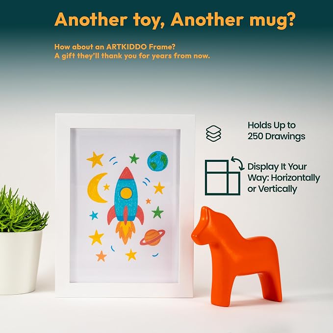 Magnetic Kids Art Frame 8.5x11 โ Lift-Top Real Wood Artwork Display & Storage โ Strap-Free Changeable Frame Holds 250 Drawings โ Freestanding or Wall Mounted - White