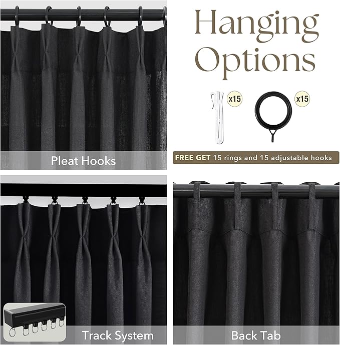 Black Pinch Pleated Linen Curtains 84 inches Long for Living Room 2 Panel Set Light Fitering Semi Sheer Black Window Curtain Pinch Pleate with Hooks Rustic Farmhouse Bedroom Drapes Length 84"