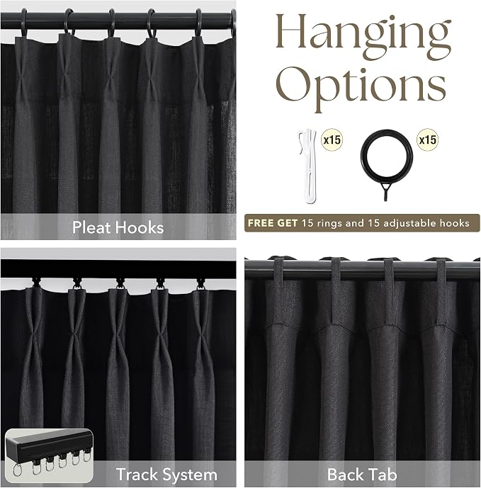 Pinch Pleated Black Curtains 108 inches Long 2 Panels for Living Room Textured Semi Sheer Pinch Pleat Linen Drapes 108 Inch Length with Hooks Rings Black Sliding Door Curtain Light Filtering 9 ft