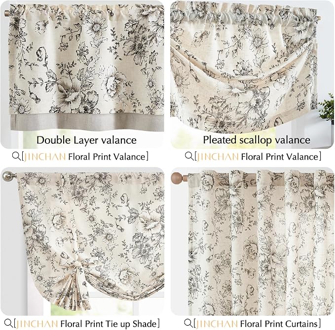 jinchan Linen Valance Curtain Farmhouse Black Floral Small Window Curtain Double Layer Light Filtering Fall Valance for Kitchen Rustic Biege for Living Room Bedroom 18 Inch Rod Pocket One Panel
