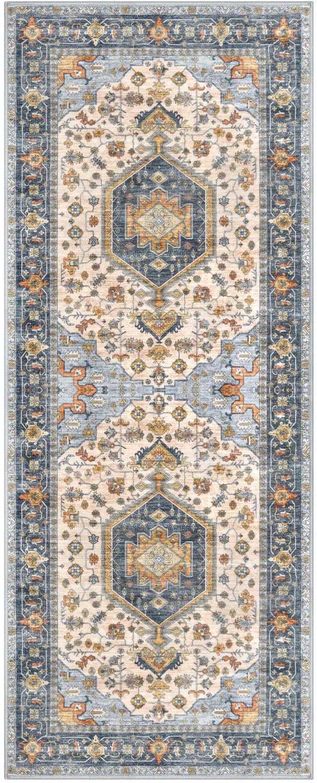 KUTA Runners for Hallways 2x6 Ivory Blue, Vintage Floral Kitchen Rugs Non-Slip Washable Runner Ultra Soft Printed Retro Flower Carpet Entryway Rug for Bedroom Laundry Nursery Entryways