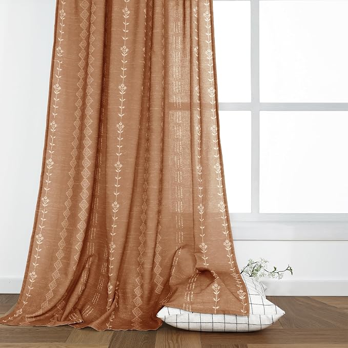 Boho Curtain for Living Room, Back Tab Linen Sheer Curtains for Bedroom,90 Inches Long Terracotta