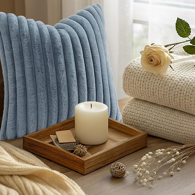 decorUhome Fall Cozy Faux Fur Throw Pillow Covers 16x16 Set of 2 Decorative Soft Plush Striped Modern Farmhouse Boho Couch Pillow Cases with Velvet Back for Sofa Bed Living Room, Grey Blue