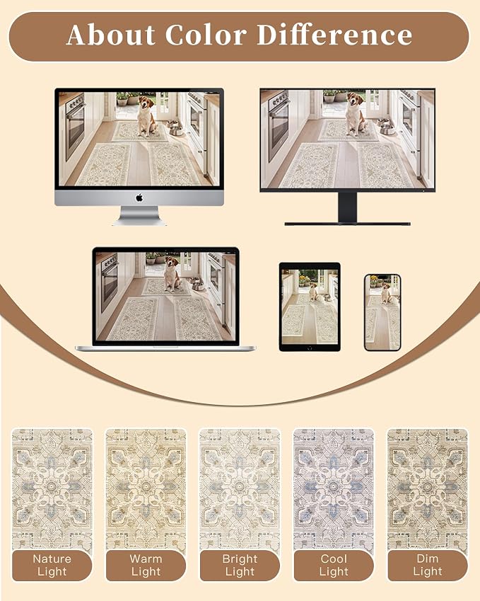 Madane Washable Kitchen Rug Set of 3 Small Area Rugs Non-Slip, Beige/Blue | Vintage Hallway Entryway Door Mat Indoor Entrance Low Pile Floor Carpet Runner for Inside Front Entry Laundry 2x3+2x4+2x5