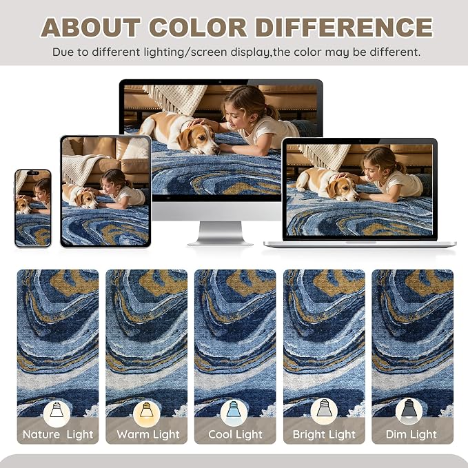 DMOYEST 6x9 Area Rug for Living Room - Washable Neutral Modern Abstract Rugs Soft Non-Slip Carpet Low Pile Indoor Floor Mat for Bedroom & Dining Room Decor for Families with Kids and Pets - Dark Blue