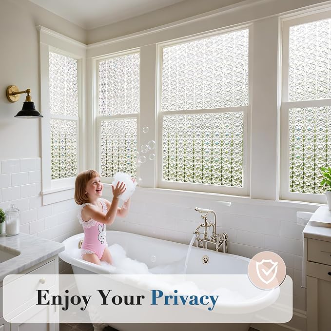 Windimiley 3D Diamond Frosted Glass Window Privacy Film, Static Cling No-Glue Removable Vinyl, UV Blocking Heat Control Renter-Friendly Decorative Covering for Bathroom Bedroom Door, 23.6 x 157.4 inch
