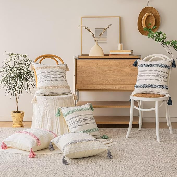 Boho Throw Pillow Covers 18x18 Set of 2 Woven Tufted Farmhouse Pillows Cover with Tassels Textured Striped Cushion Case Neutral Pillow Cases Decorative Pillowcase for Sofa, Couch, Bed, Light Green