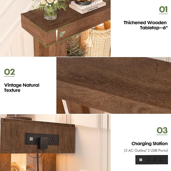 Unikito 63'' Farmhouse Console Table with Power Outlets and Sensor Light, Wooden Entryway Table with Storage, Rectangular Sofa Tables Behind The Couch for Entrance, Hallway, Living Room,