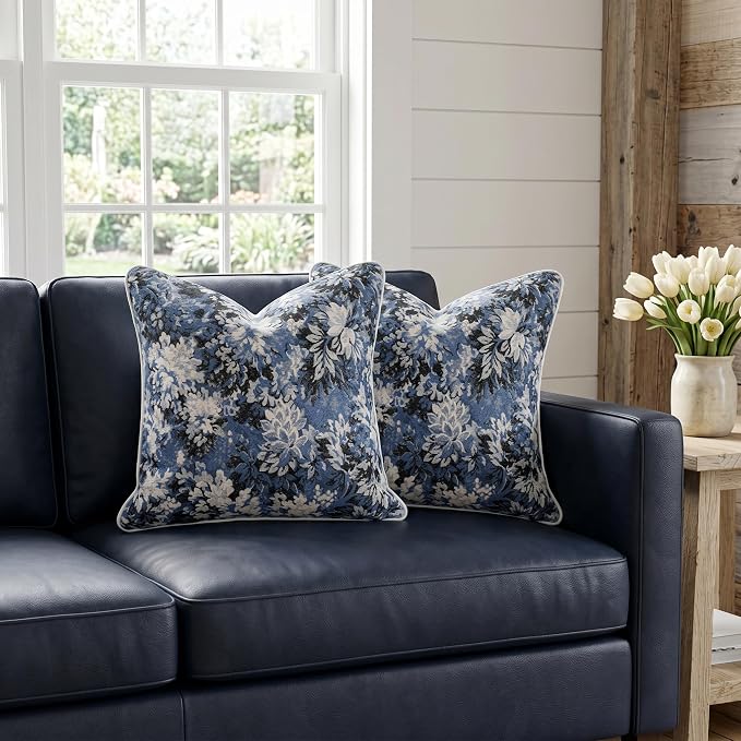 Vintage Floral Throw Pillow Covers 18x18 Inches Set of 2 Boho Farmhouse Pillow Cases Premium Chenille Textured Decorative Cushion Covers for Couch Retro Garden Farmhouse Style Blue