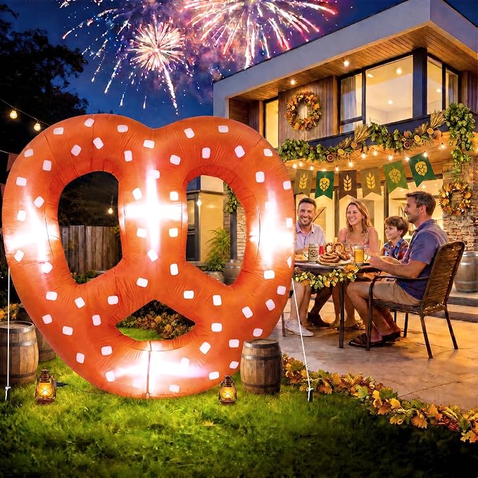 VIHOSE 5.5ft Giant Inflatable Pretzel–Oktoberfest Beer Festival Party Decoration, Oktoberfest Pretzel Blow up with Built in Lights LED for Beer Gardens Parties Holiday Prop