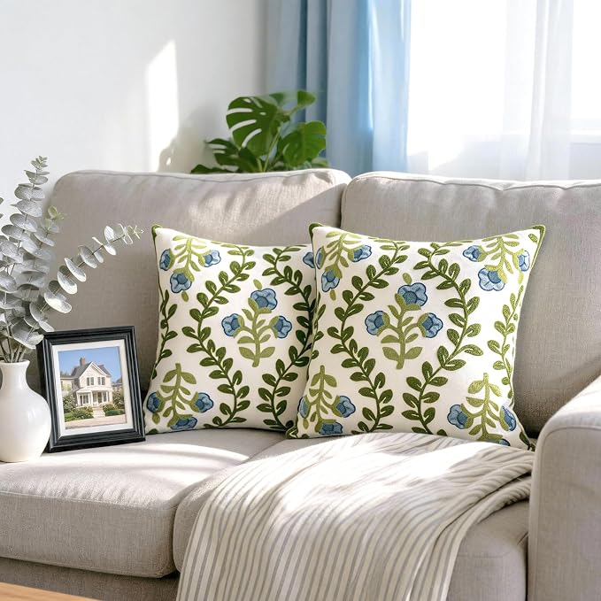 Alysheer Floral Embroidered Summer Decorative Throw Pillow Covers 18"x 18" Set of 2, Farmhouse Blue Flowers Green Vines Patterned Cotton Cushion Cases for Couch Bed Living Room Cottage Decor