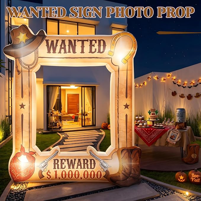Soulchen 6 x 5 ft Western Wanted Inflatable Decoration with LED Lights and Built-in Blower Perfect for Cowboy Party Decor Western Themed Birthdays and Vintage Country Events