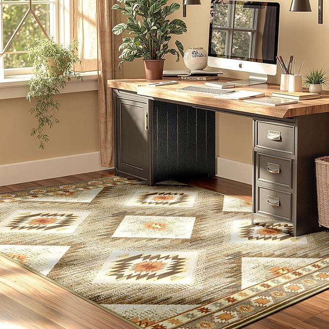 BESTSWEETIE Area Rug 8x8 Rug Machine Washable Non-Slip Low Pile Print Pattern Western Rug for Living Room Bedroom Entryway Tribal Series -Cream/Camel