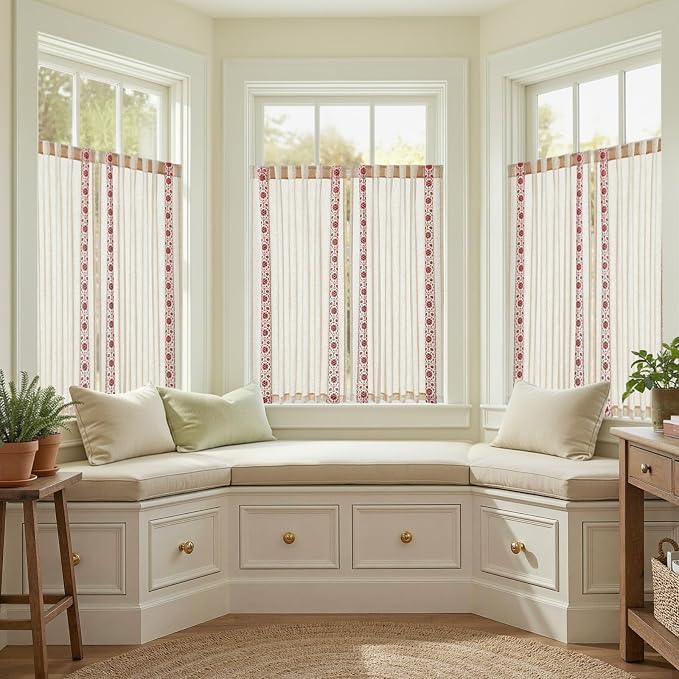 jinchan Red Floral Embroidered Short Linen Curtains 54×54 Inches 2 Panels | Light filtering, back tab, rod pocket, cafe curtains for kitchen bedroom living room, cottage farmhouse, small window
