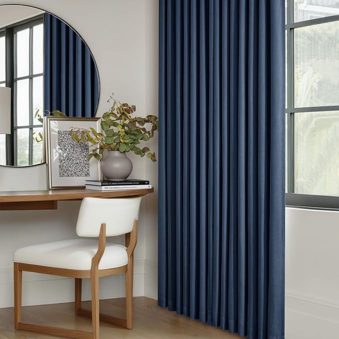 Navy Blue Pinch Pleated Full Blackout Curtains Linen Blend Room Darkening Window Curtains 80 Inch for Living Room Bedroom Thermal Insulated Back Tab Pinch Pleat Drapes with Hooks Rings 2 Panels