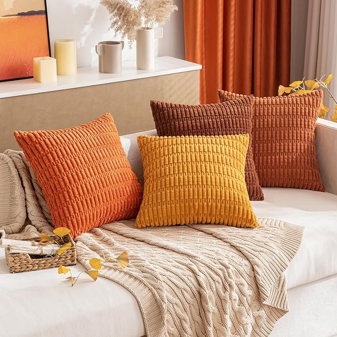 MIULEE Fall Pack of 2 Burnt Orange Corduroy Decorative Pillow Covers 16x16 Inch Soft Boho Striped Throw Pillow Covers Modern Farmhouse Home Decor for Sofa Living Room Couch Bed
