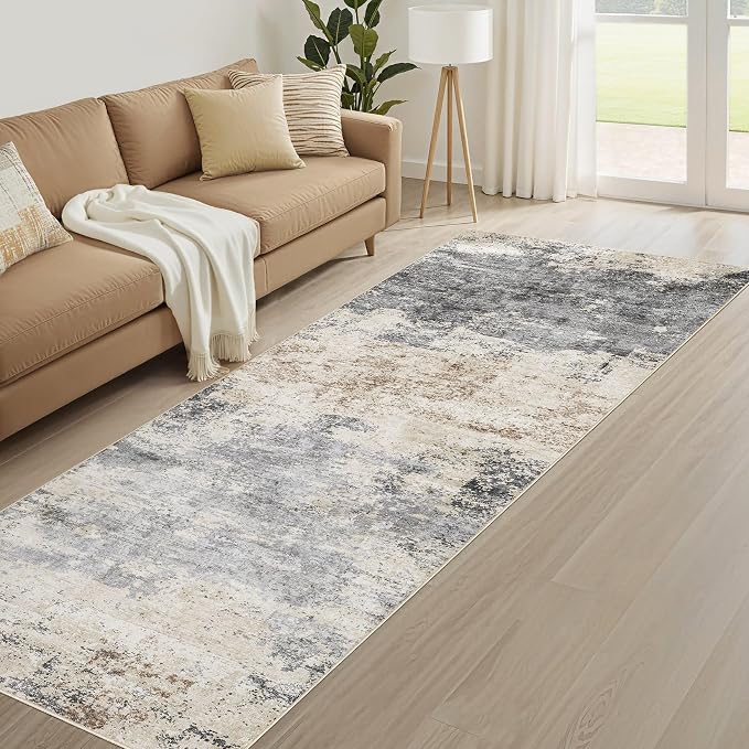 Runner Rug Kitchen Washable Rugs: 3x10 Non-Slip Abstract Soft Modern Stain Resistant Indoor Floor Neutral Accent Throw Carpet for Hallway Bathroom Laundry Room Entryway Bedroom- Grey Brown
