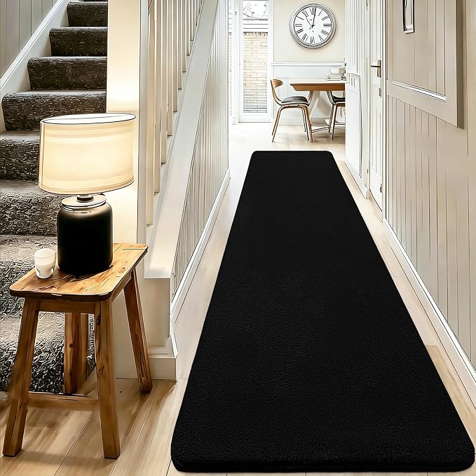 qulint Hallway Runner Rug 2x8, Black Kitchen Runner Rugs Non Skid Washable Thickened Memory-Foam Indoor Bedroom Rug, Modern Minimalist Solid Soft Carpet for Living Room Entryway Home Decor