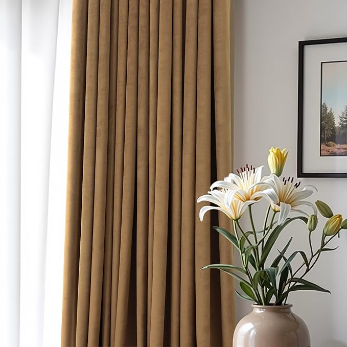 Gold Brown Velvet Curtains 108 Inch Long 2 Panel Sliding Door Insulating Soundproof Noise Reduction Drape Mid Century Modern Living Room Darkening Curtain for Bedroom Victorian Textured Extra Wide 9FT