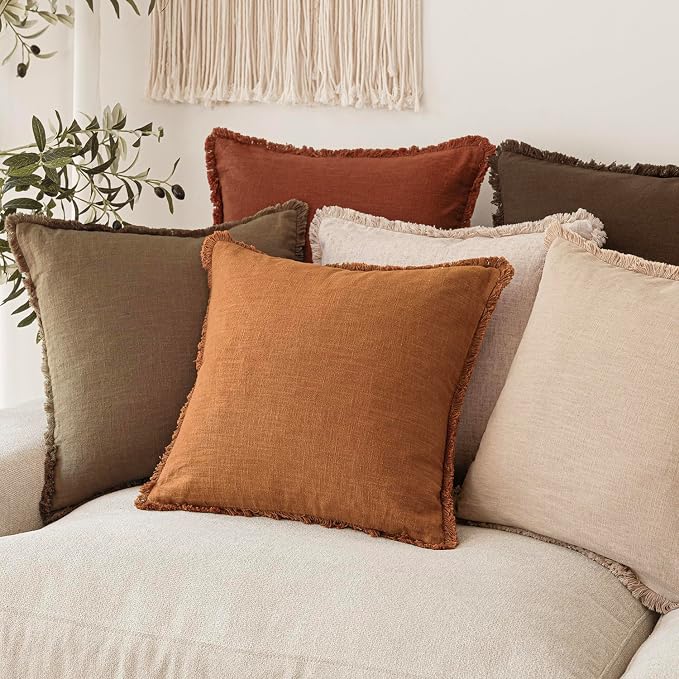 Foindtower Set of 2 Decorative Linen Fringe Throw Pillow Covers Cozy Boho Farmhouse Cushion Cover with Tassels Soft Accent Pillowcase for Couch Sofa Bed Living Room Home Decor, 18×18 Inch, Orange