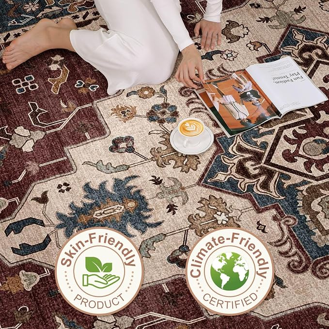 6x9 Area Rugs Living Room: Washable Boho Large Neutral Vintage Soft Rug Stain Resistant Farmhouse Non-Slip Indoor Floor Retro Carpet for Bedroom Nursery Kids Office Dining Room- Burgundy