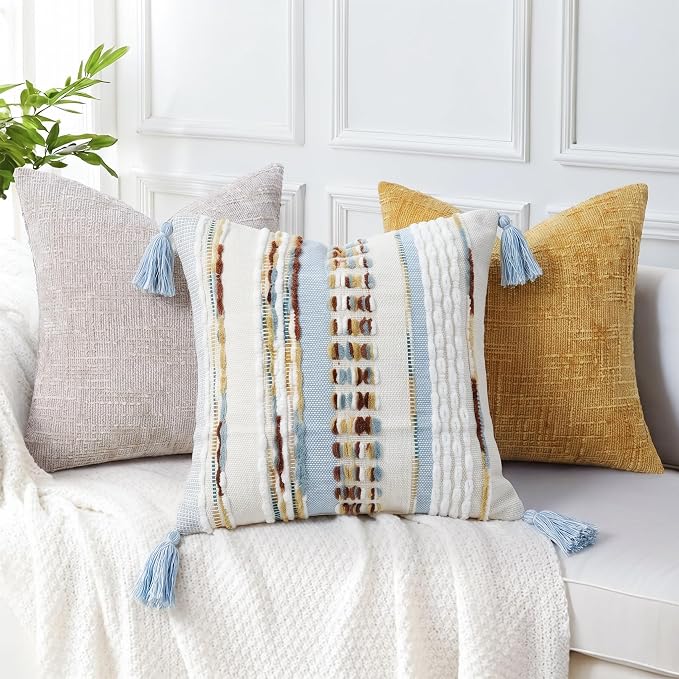 NUYECY Boho Throw Pillow Covers 18x18 Neutral Boucle Couch Pillow Cover Rainbow Striped Decorative Accent Pillow Case for Couch Bed Sofa Farmhouse Bedroom,Modern Funky,Set of 2 Light Blue Earth Tones