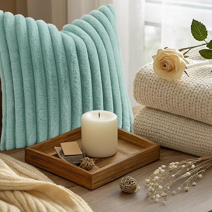 decorUhome Fall Cozy Faux Fur Throw Pillow Covers 20x20 Set of 2 Decorative Soft Plush Striped Modern Farmhouse Boho Couch Pillow Cases with Velvet Back for Sofa Bed Living Room, Aqua