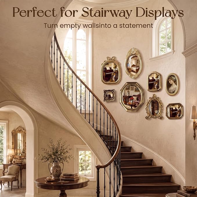 Lineshading 8 Pcs Picture Gold Vintage Gallery Wall Frame Set Antique Resin Picture Frame Collage 5 Sizes Baroque Victorian for Wall Tabletop Display Ornate French Country for Bedroom Living Room