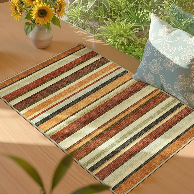jinchan 2x3 Striped Rug for Entryway Washable Kitchen Rug Small Mat Non Slip Indoor Doormat Lightweight Low-Profile Decor Throw Carpet for Entrance Bathroom Laundry Room, Caramel Dusk